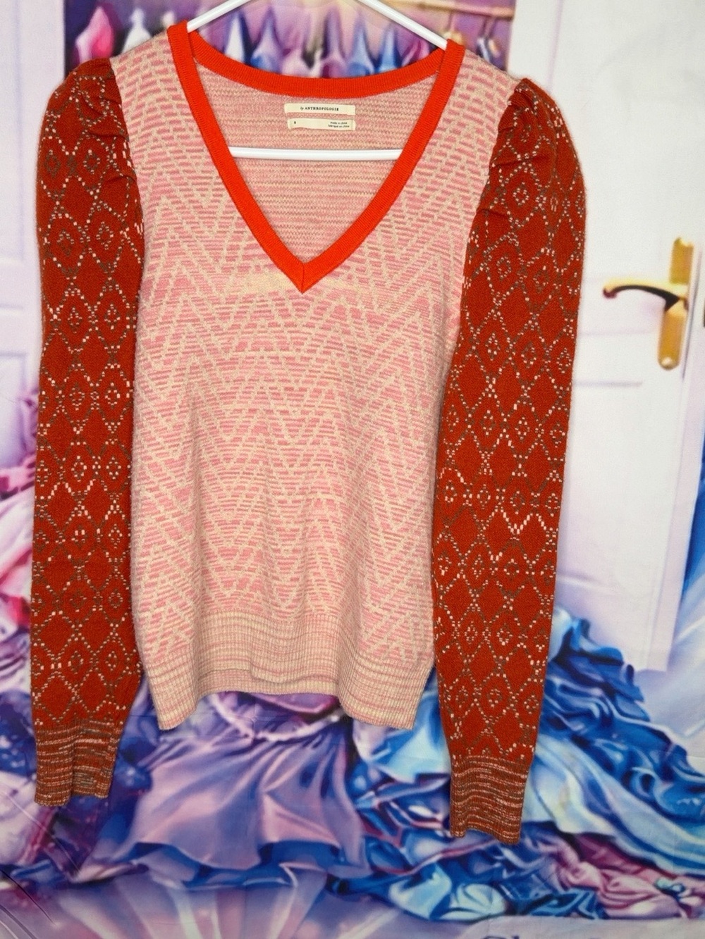 Anthropologie Pink Sweater with Rust Red Patterned Sleeves